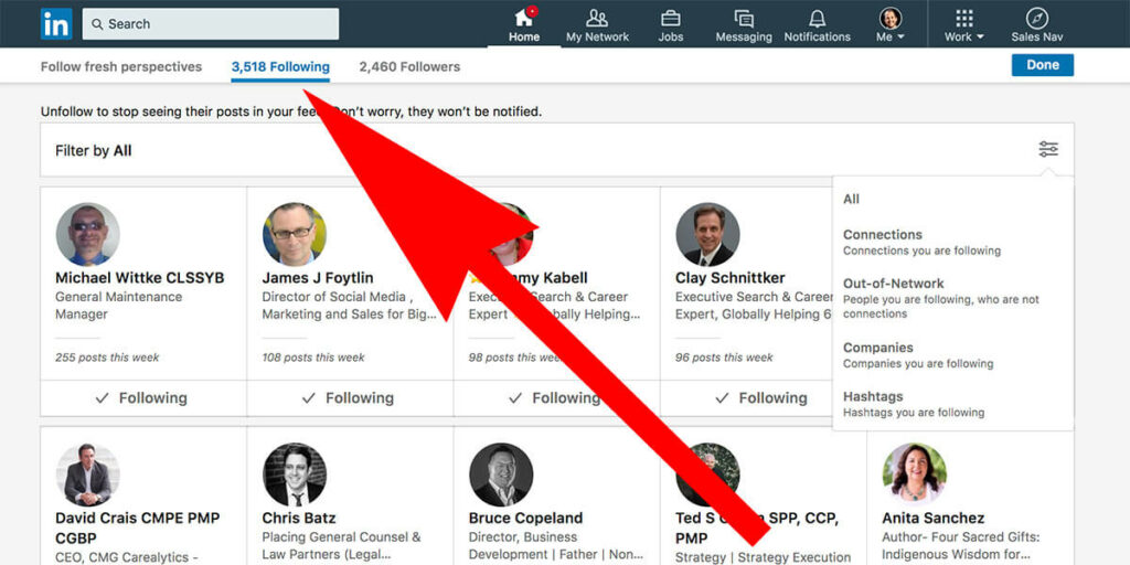 Linkedin see who you are following