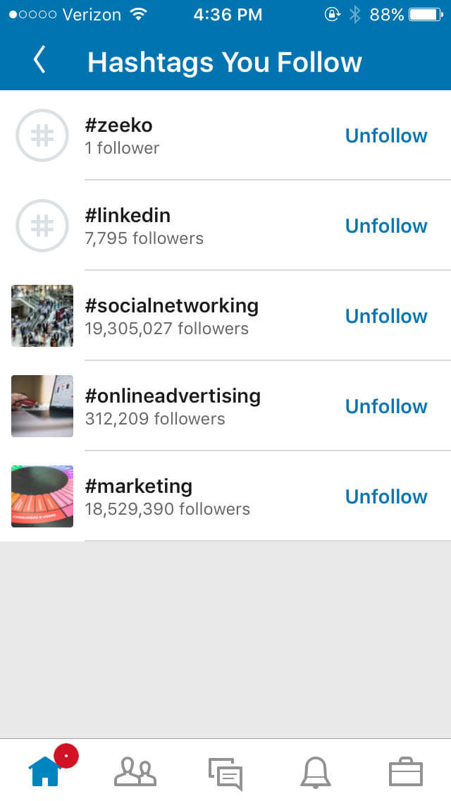 All hashtags you follow on linkedin on mobile