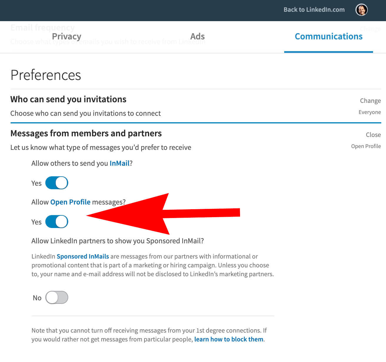 how to enable open profile from your Linkedin account settings