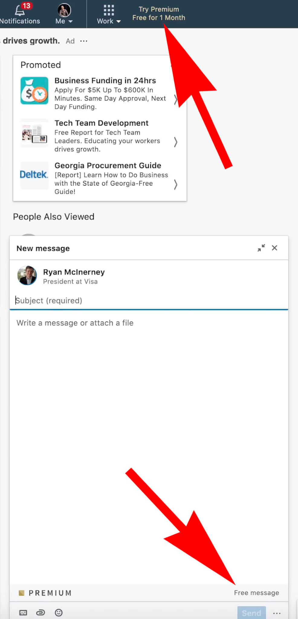 Free Message notification shown on Linkedin Open Profiles