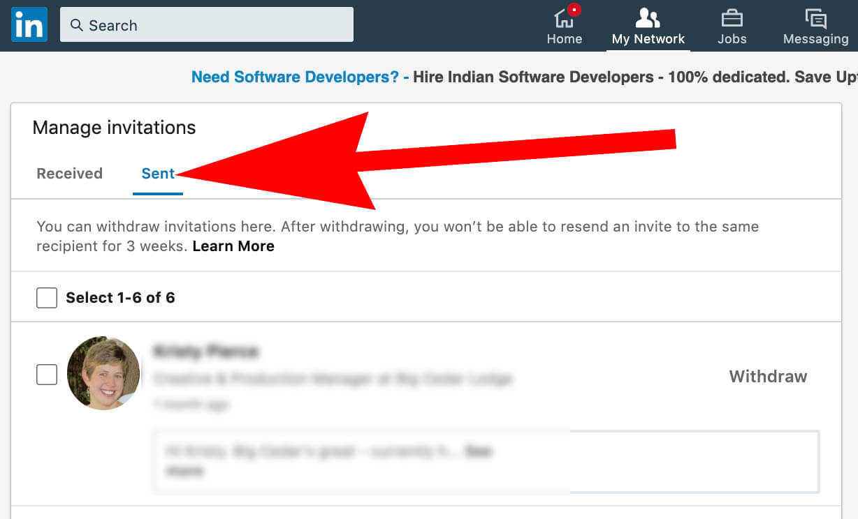 Step 3 - how to see Linkedin invitations sent - view sent