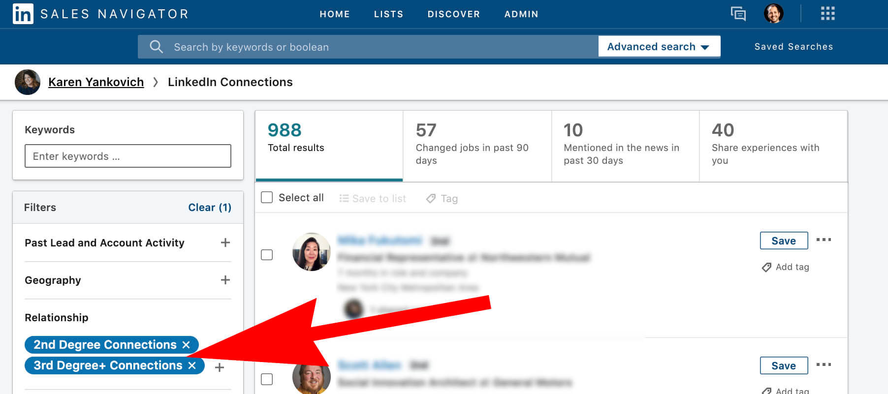 On Linkedin Sales Navigator view 2nd and 3rd degree connections 