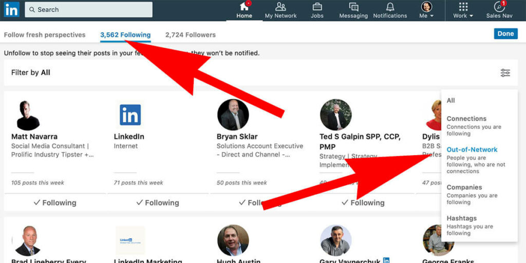 How do I find people I follow on Linkedin but not connected to?
