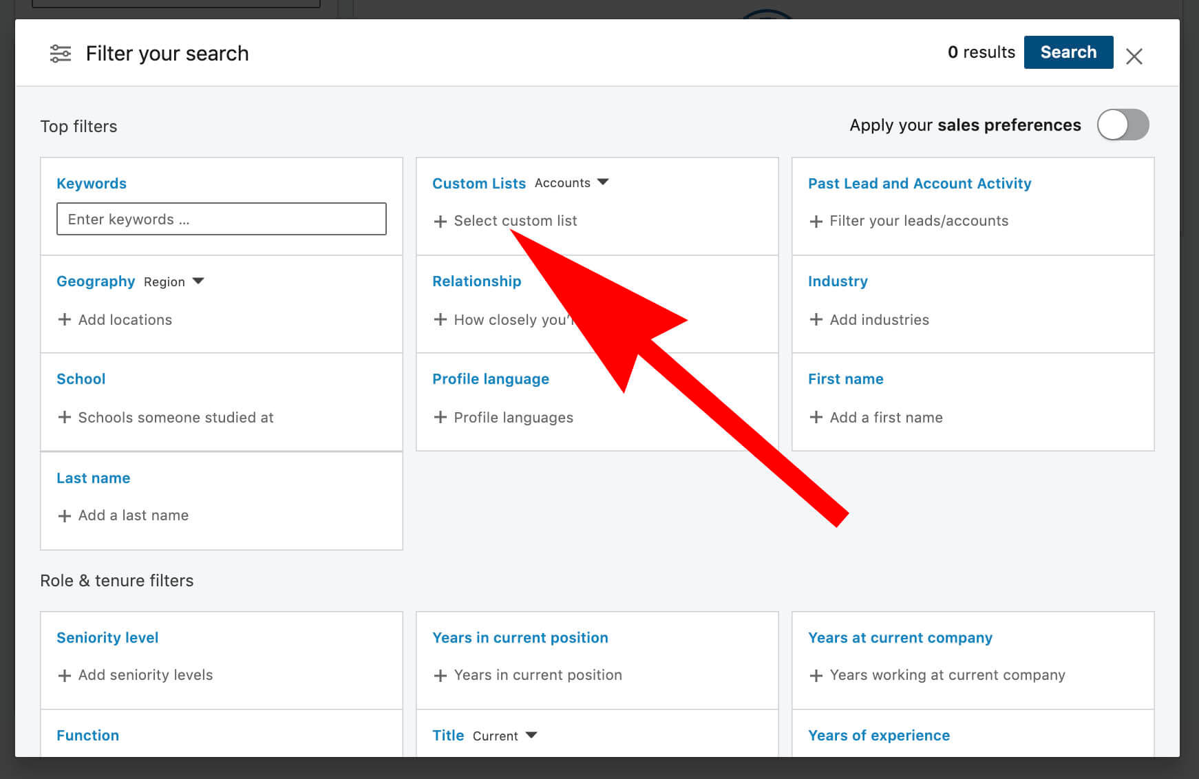Using Linkedin Custom Lists to create Do Not Contact Templates - custom list filter in search