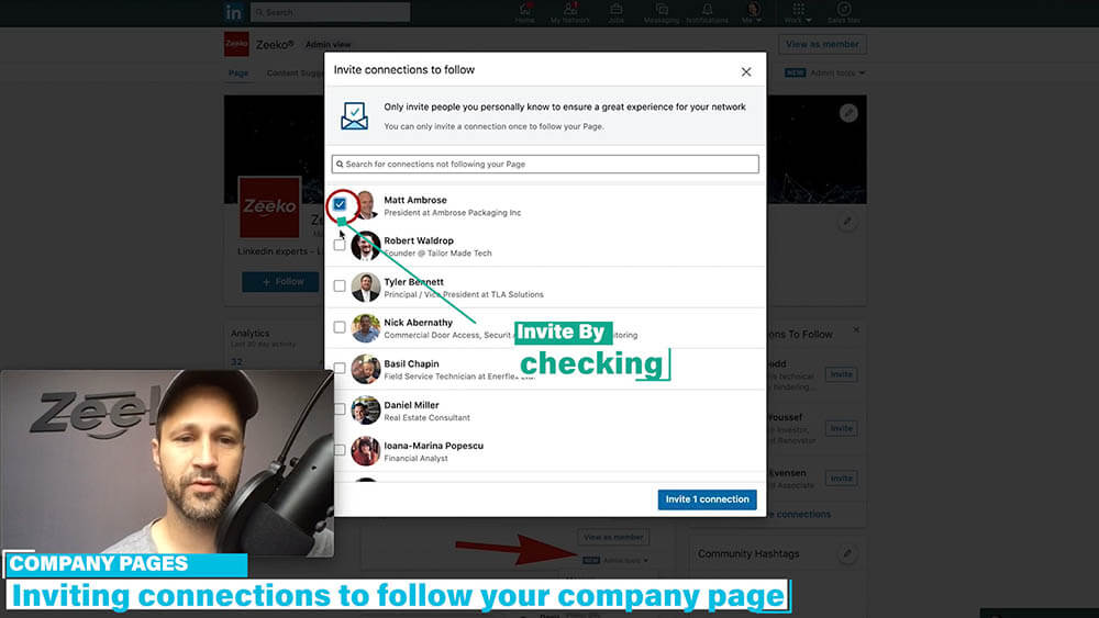 How to invite someone to follow your Linkedin company page - click the invite connections by checking the boxes