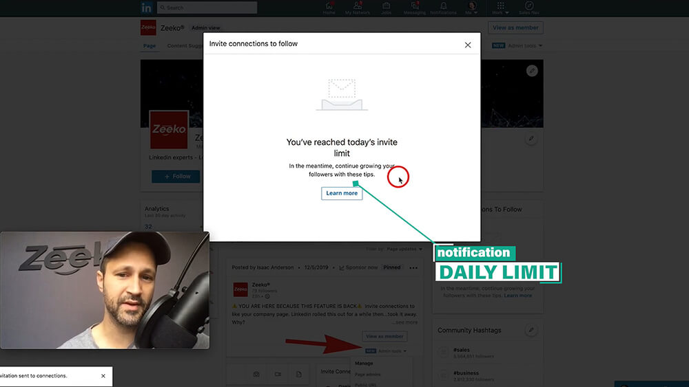 How to invite someone to follow your Linkedin company page - limit 50 invitations per day notification