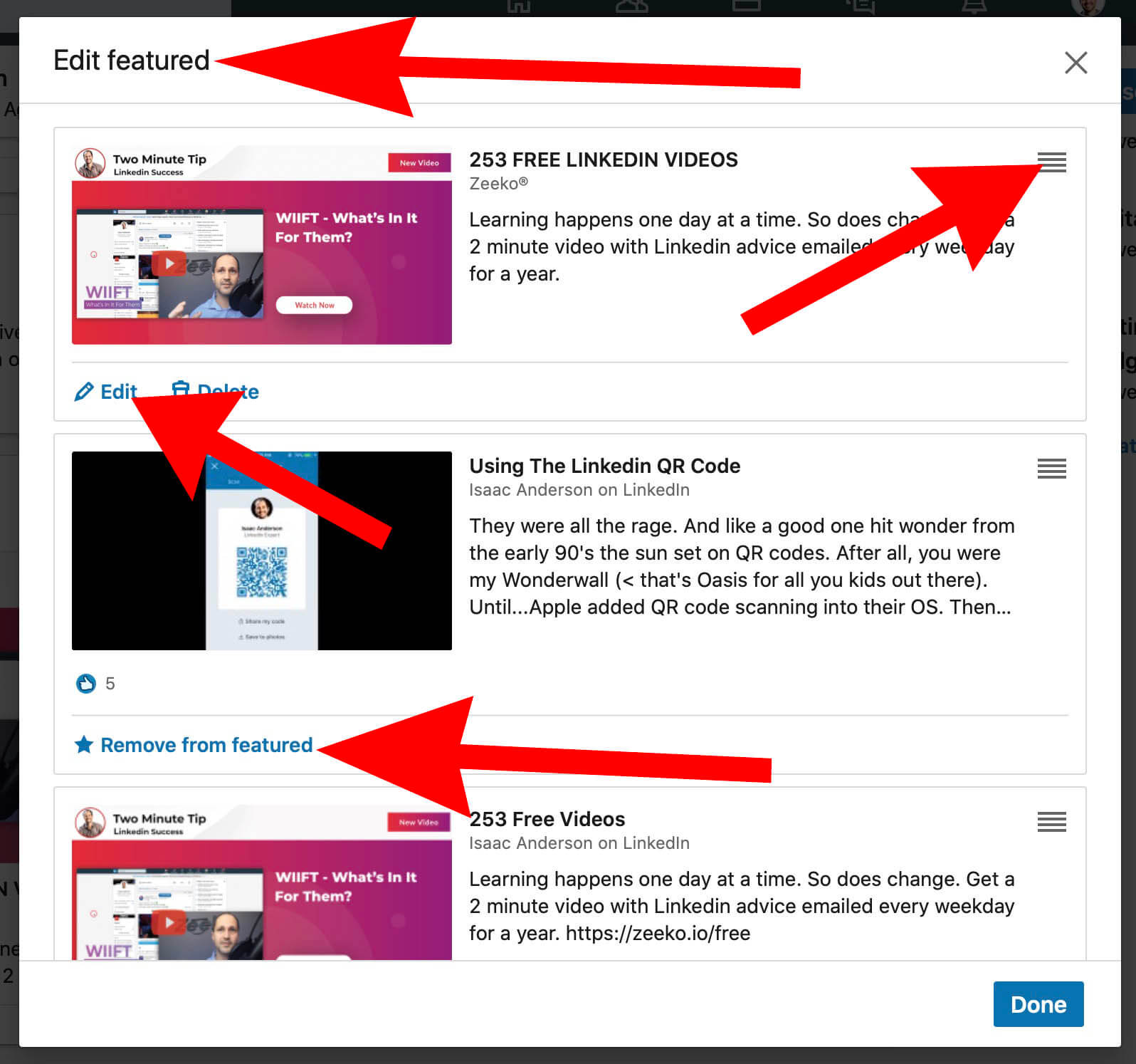 How To Add Featured Content and Images To a Linked Profile - editing featured content