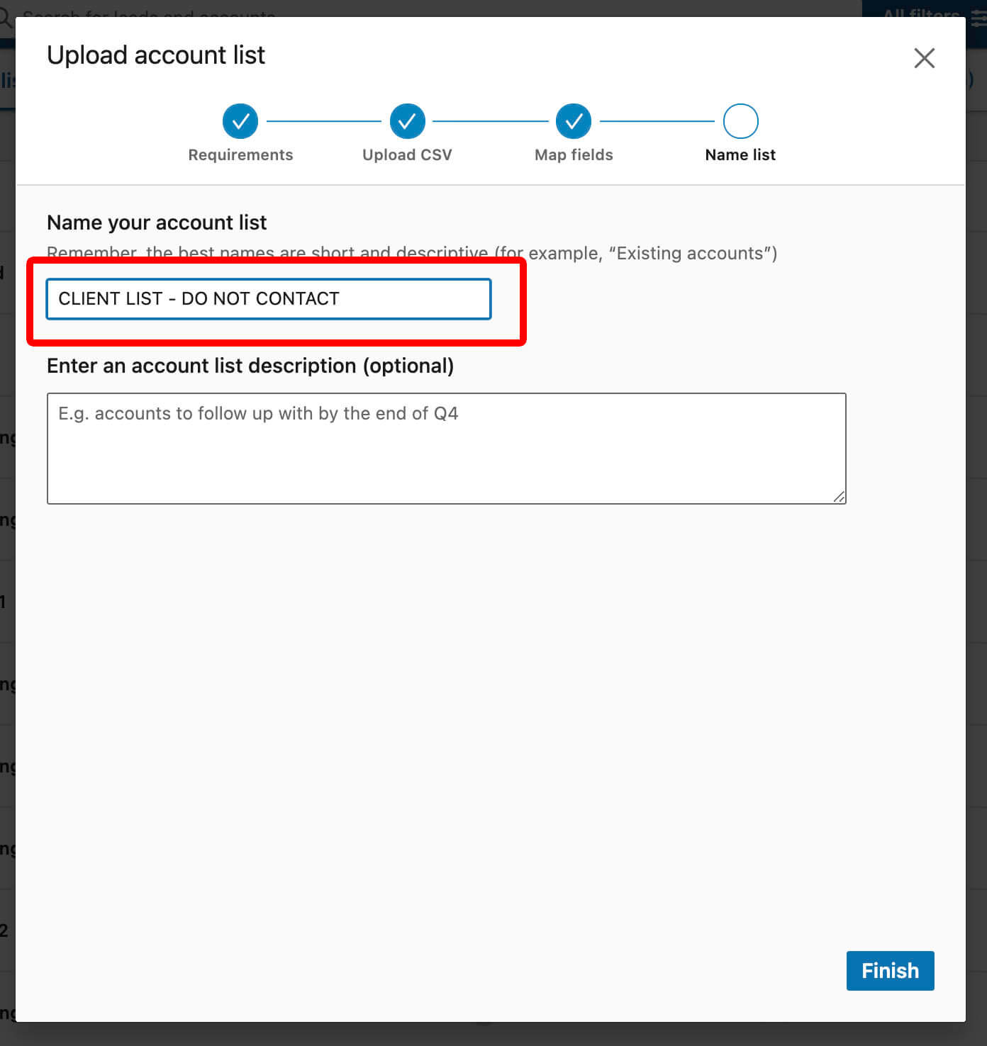 Linkedin Import Accounts As CSV - naming your list